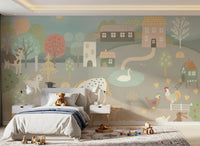 Hand-drawn Pastel Farm Story Wall Mural for children room with a rabbit and rooster