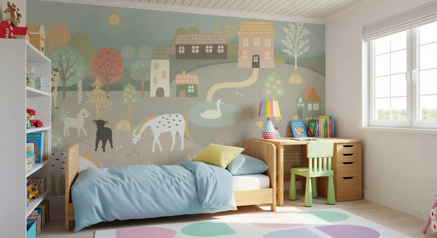 Pastel Farm Story Wall Mural showing a rolling hill landscape