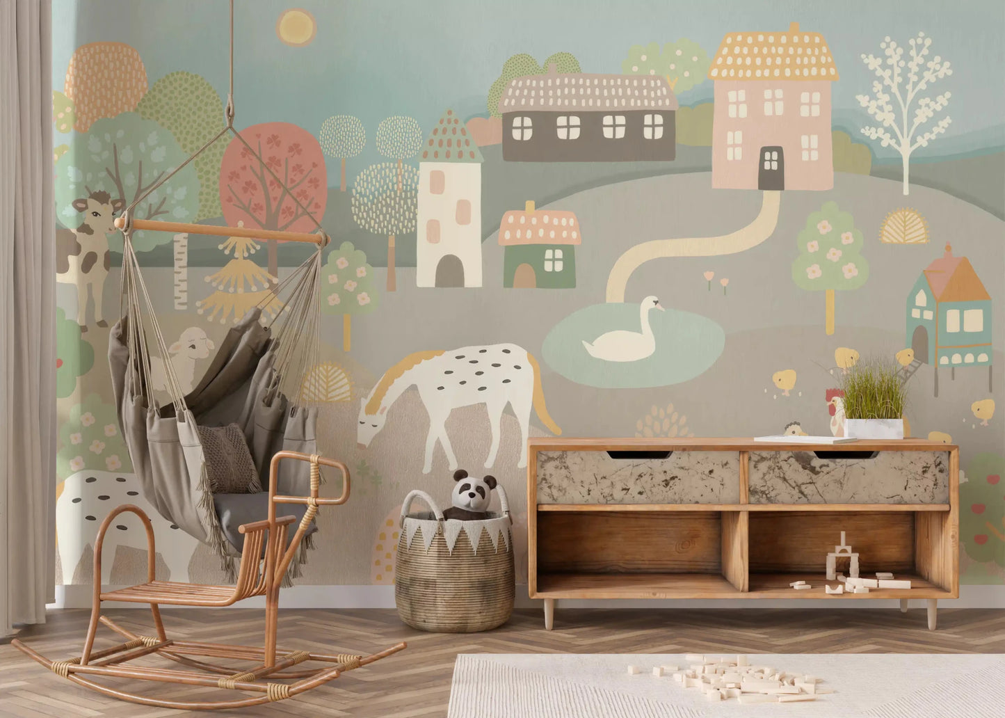 Whimsical Pastel Farm Story Wall Mural for kids room with houses and trees