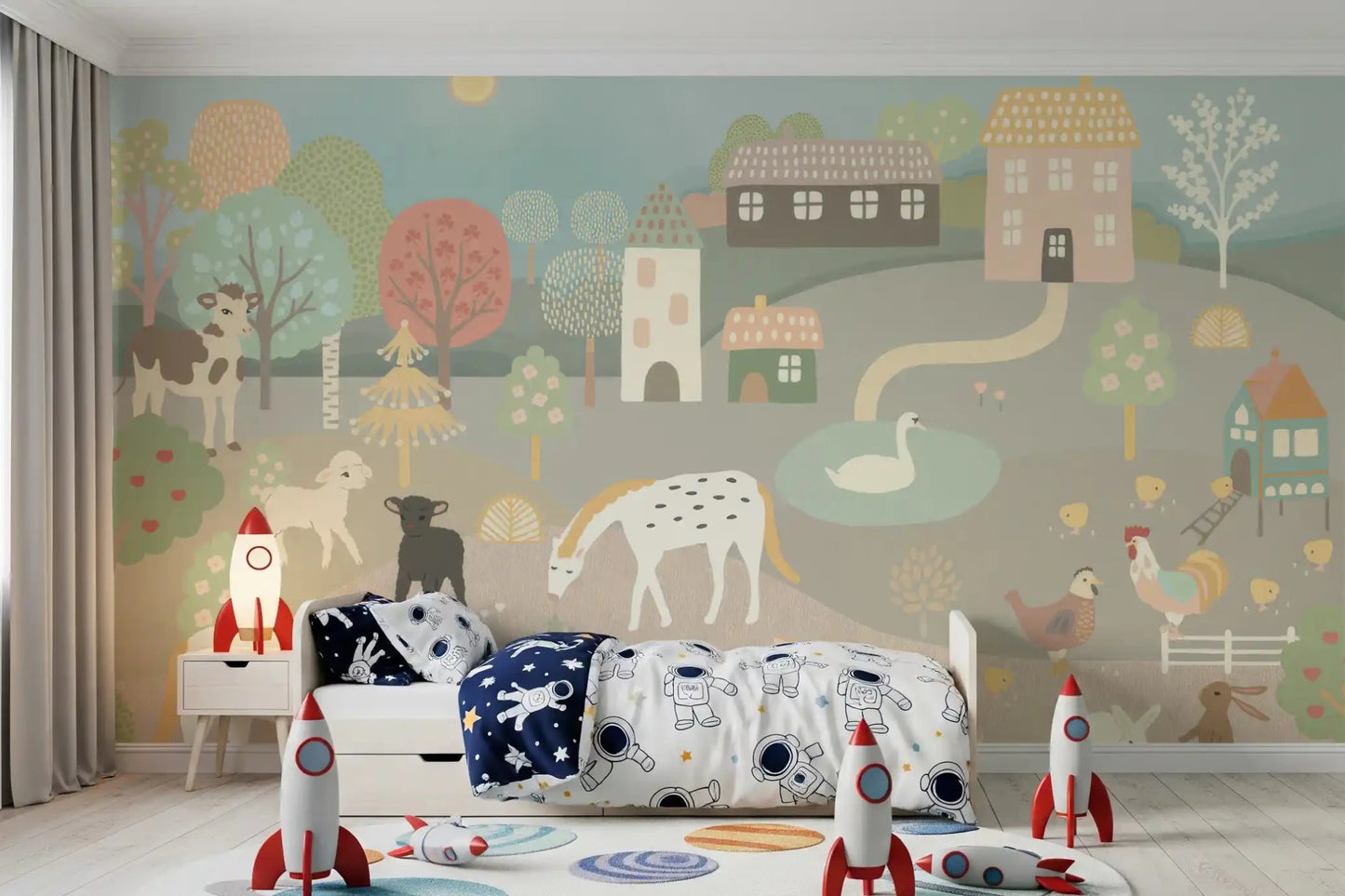 Playful chickens and pigs on Pastel Farm Story Wall Mural