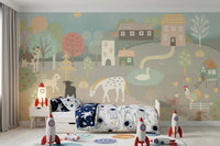 Playful chickens and pigs on Pastel Farm Story Wall Mural