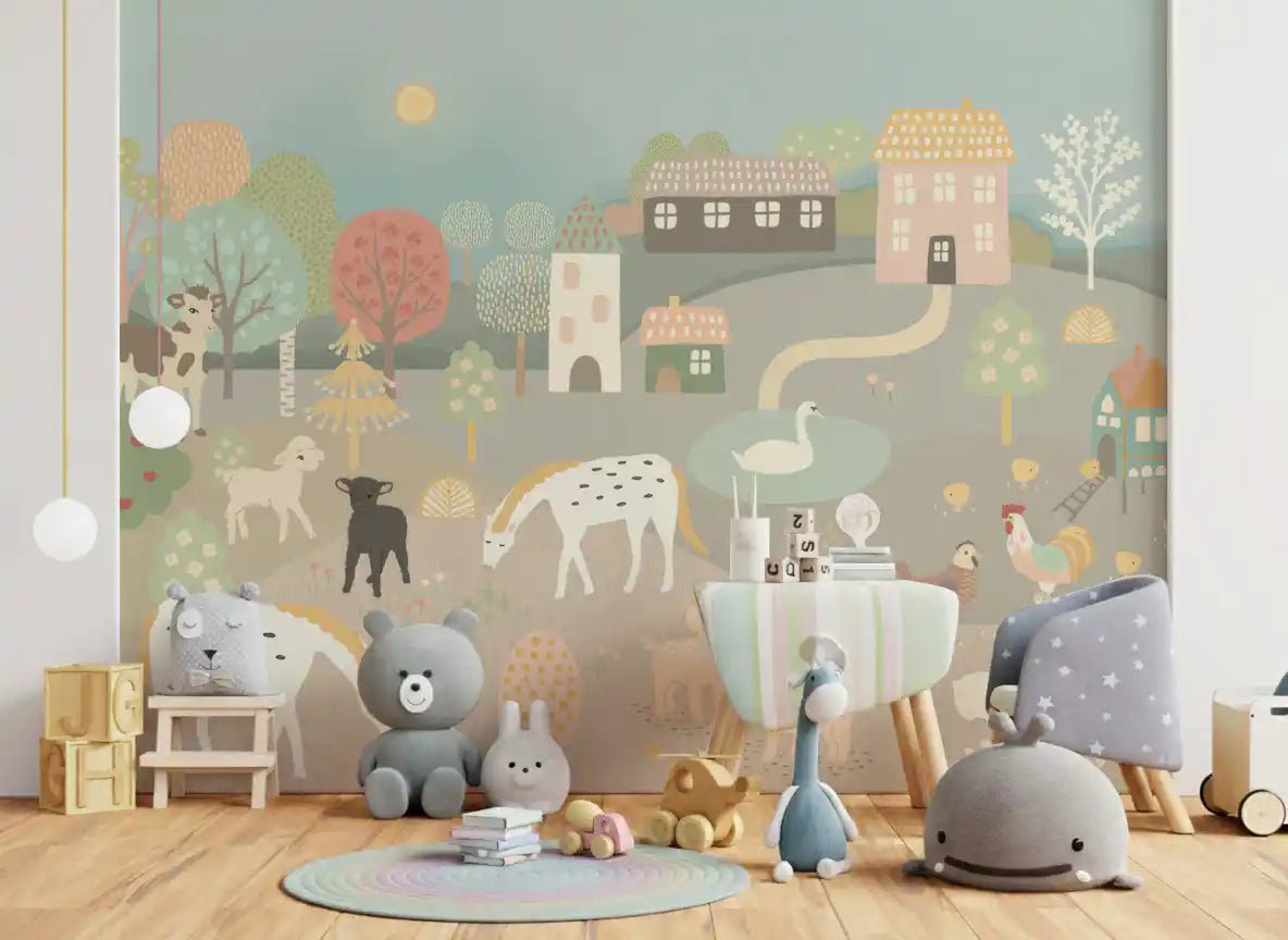 Pastel Farm Story Wall Mural with muted trees and sun