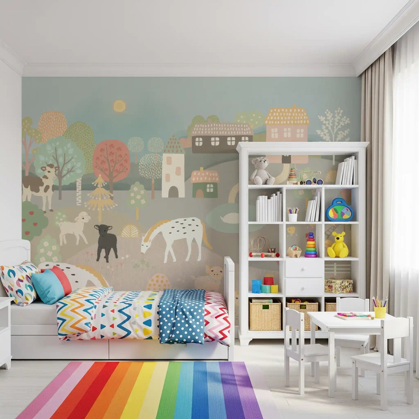 Whimsical farm animals on a Pastel Farm Story Wall Mural