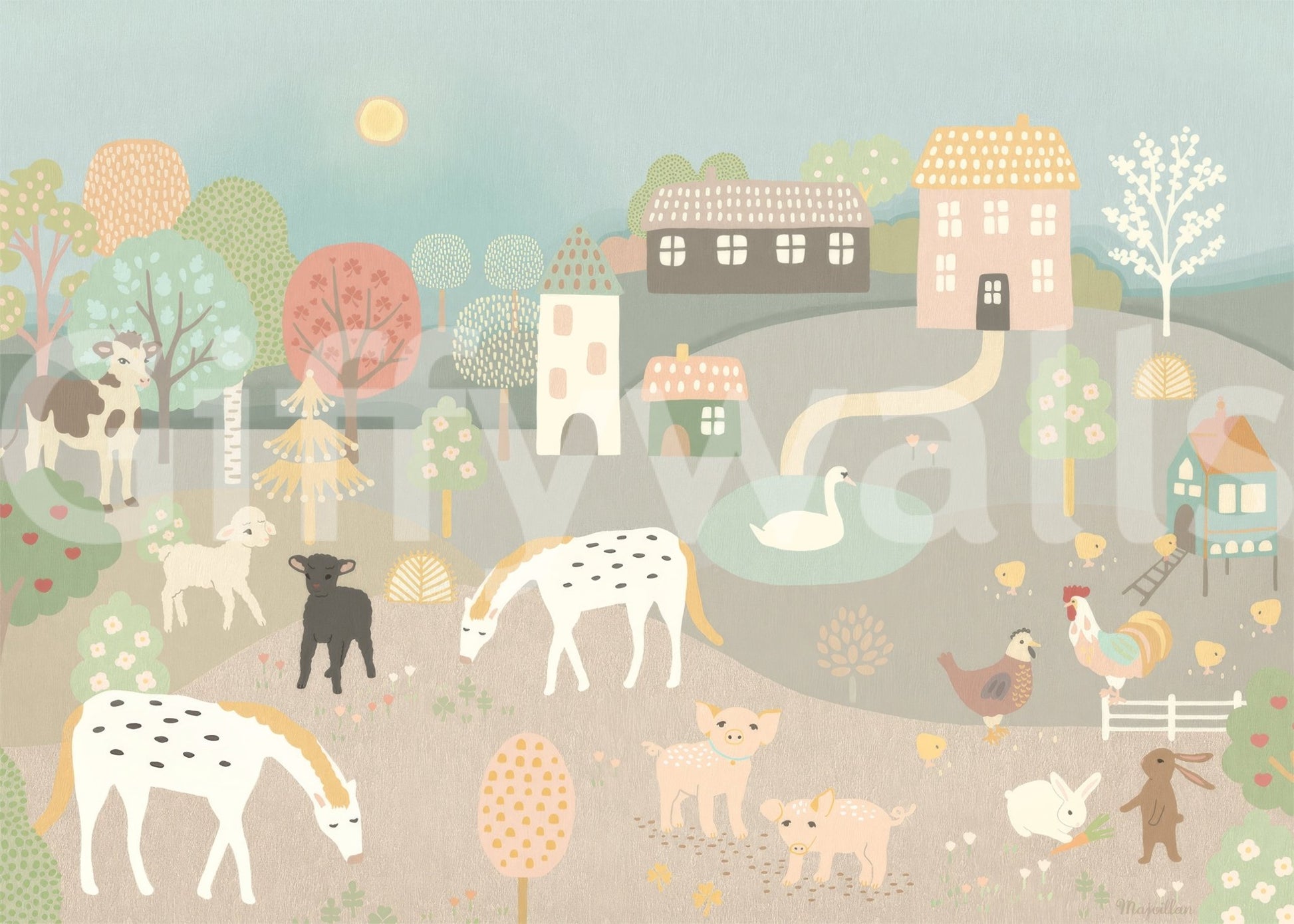Detailed farm story illustration Pastel Farm Story Wall Mural