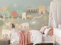 Illustrative village scene Pastel Farm Story Wall Mural