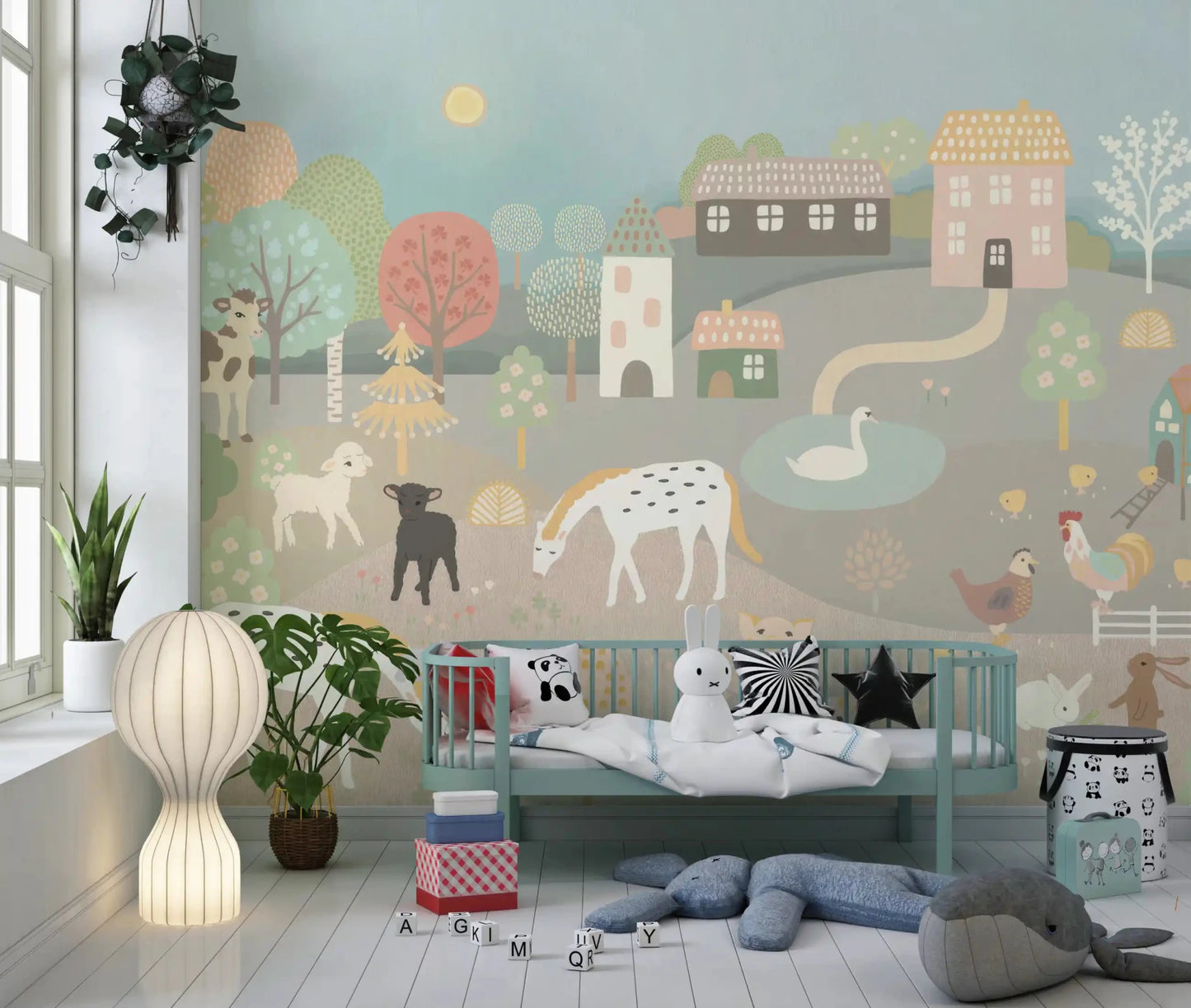 Pastel Farm Story Wall Mural featuring cows and sheep art