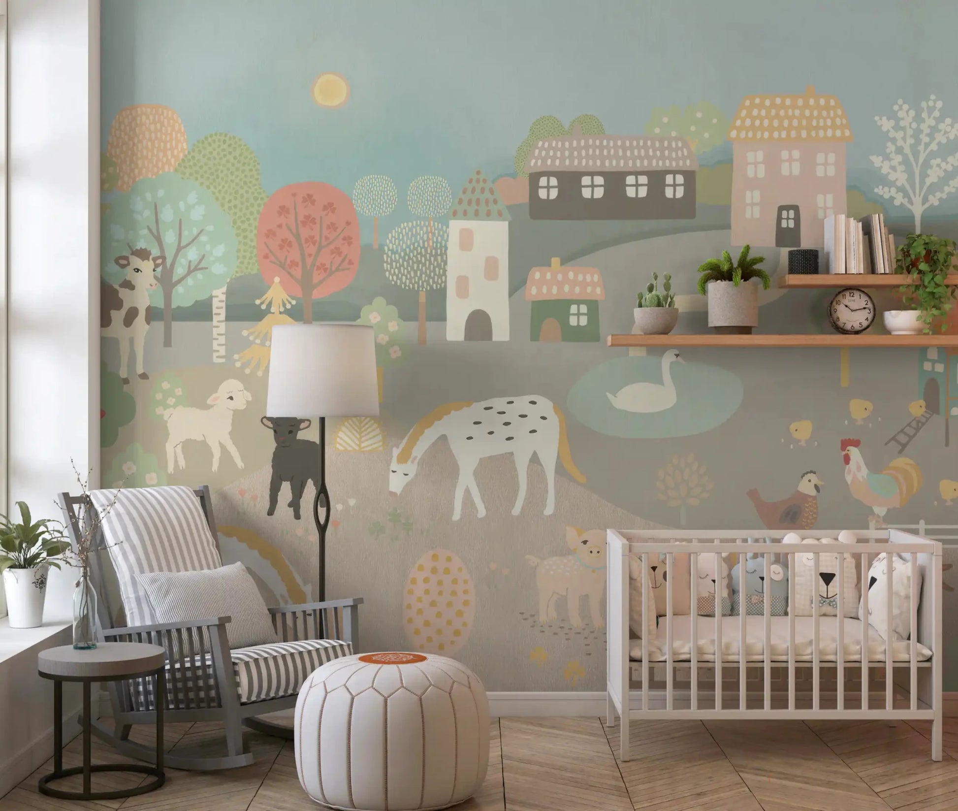 Soft-toned Pastel Farm Story Wall Mural for play area depicting rural life