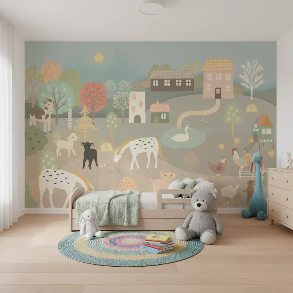 Pastel Farm Story Wall Mural with a swan and small pond for Nursery room