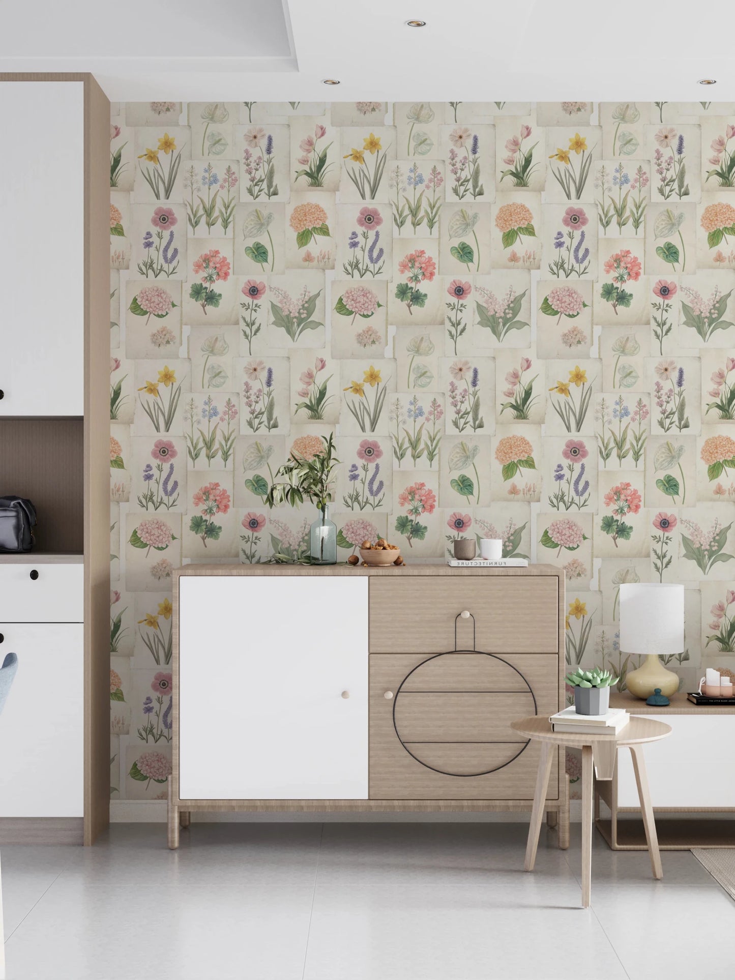 Pastel Floral Botanical Collage Wallpaper⁠
