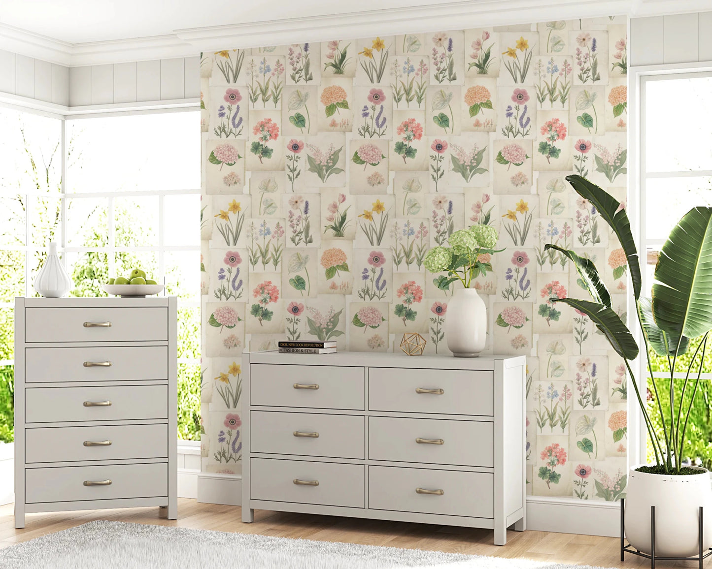 Pastel Floral Botanical Collage Wallpaper⁠