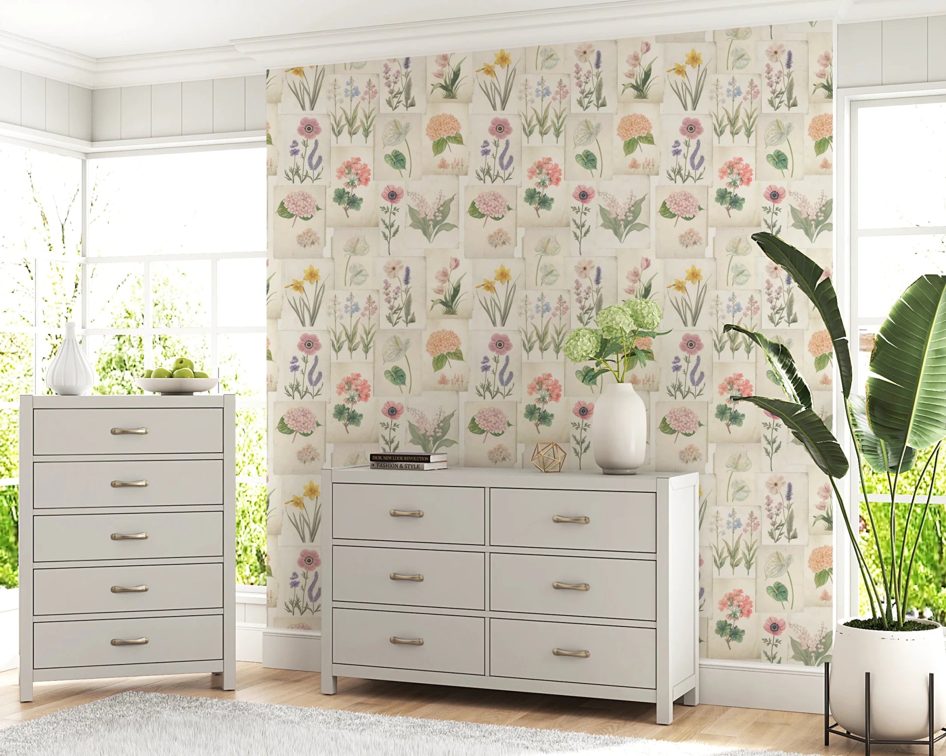 Pastel Floral Botanical Collage Wallpaper⁠