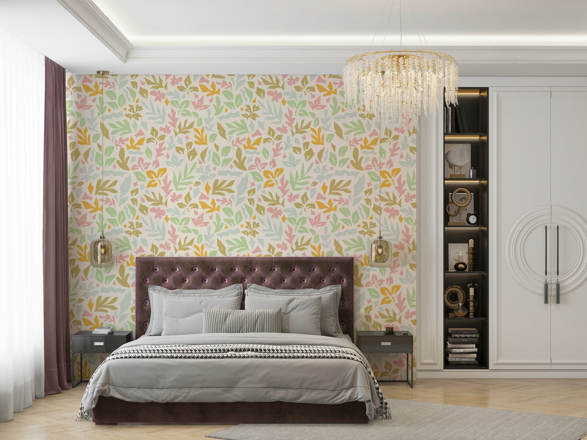 The colors are subtle and minimalist, like shades of green, beige, and gray.
