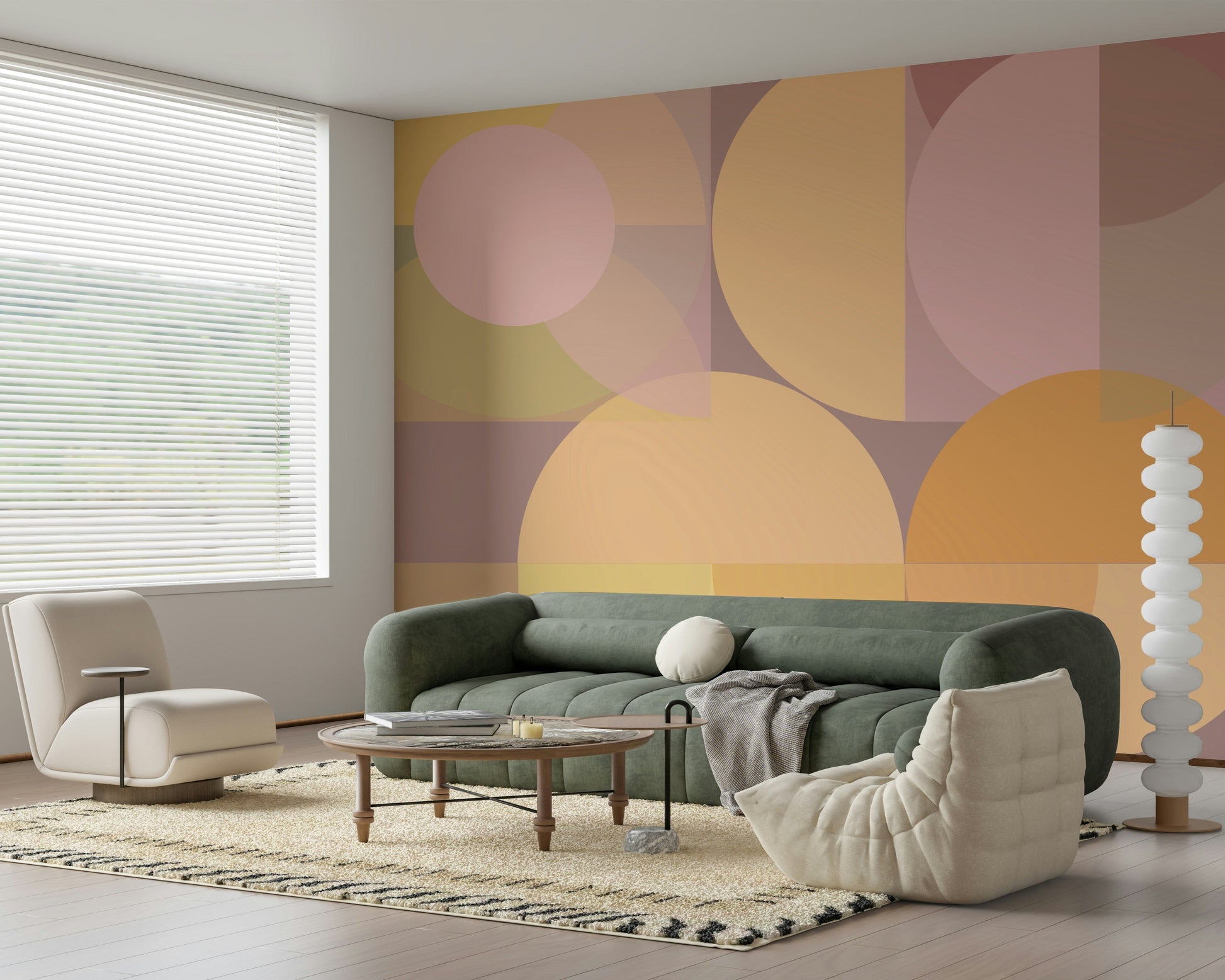 Abstract and modern Geometric Wallpaper mural with a balanced, harmonious pastel color palette.