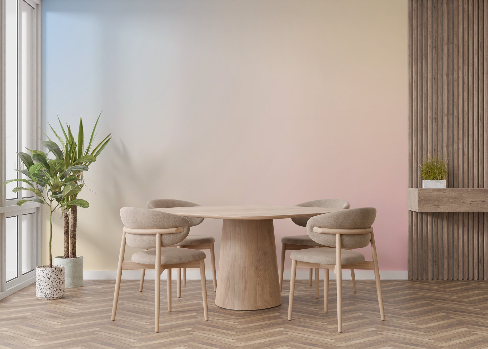 Pastel gradient dreamy abstract wallpaper mural in blue and pink behind a round wood dining table and chairs