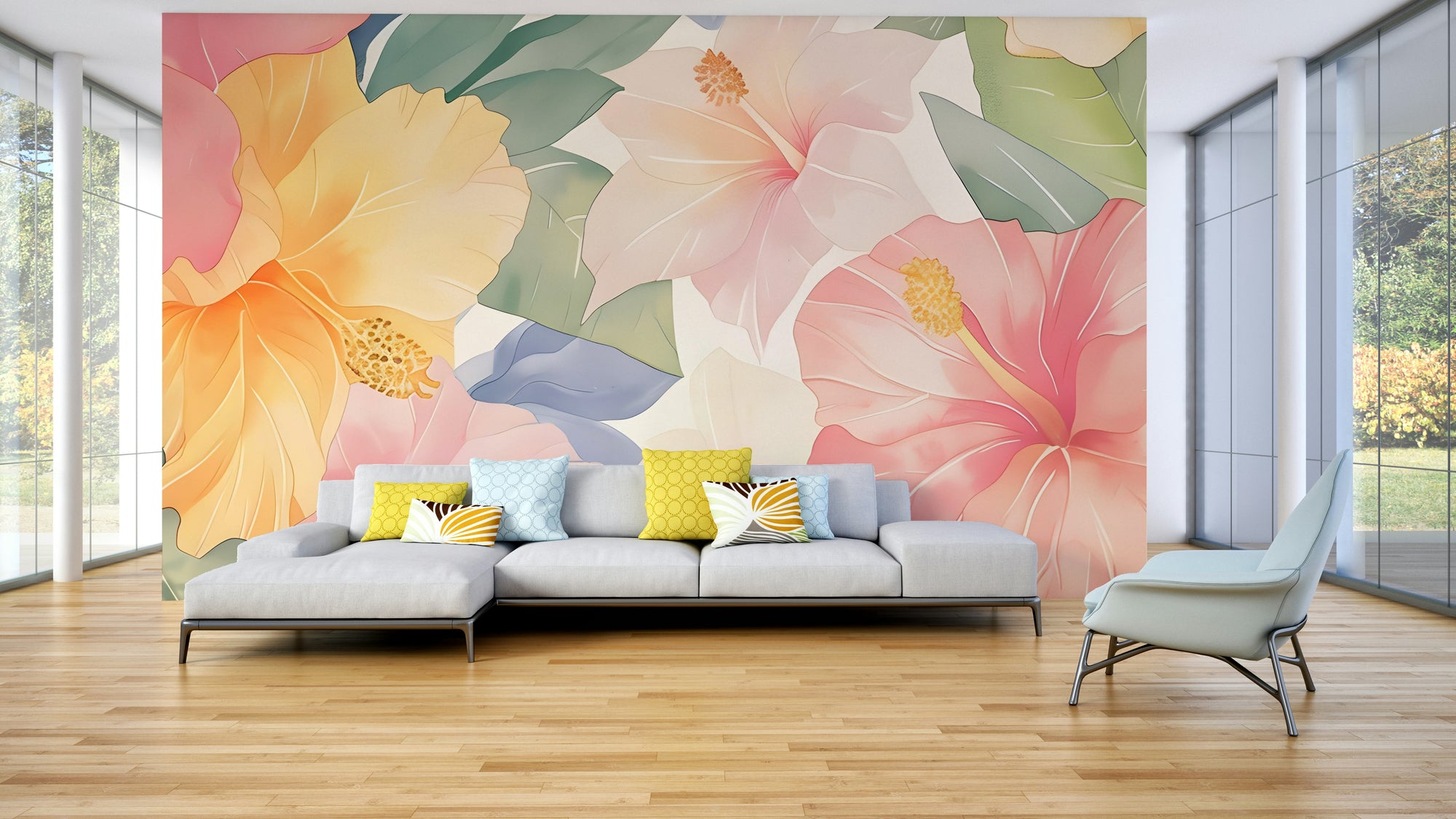 Pastel Hibiscus Watercolor wallpaper mural of pink and peach blooms behind a grey sectional sofa and blue chair