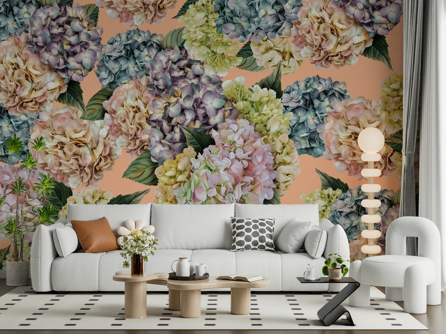 An artistic dreamy blossom mural on minimalist wallpaper.

