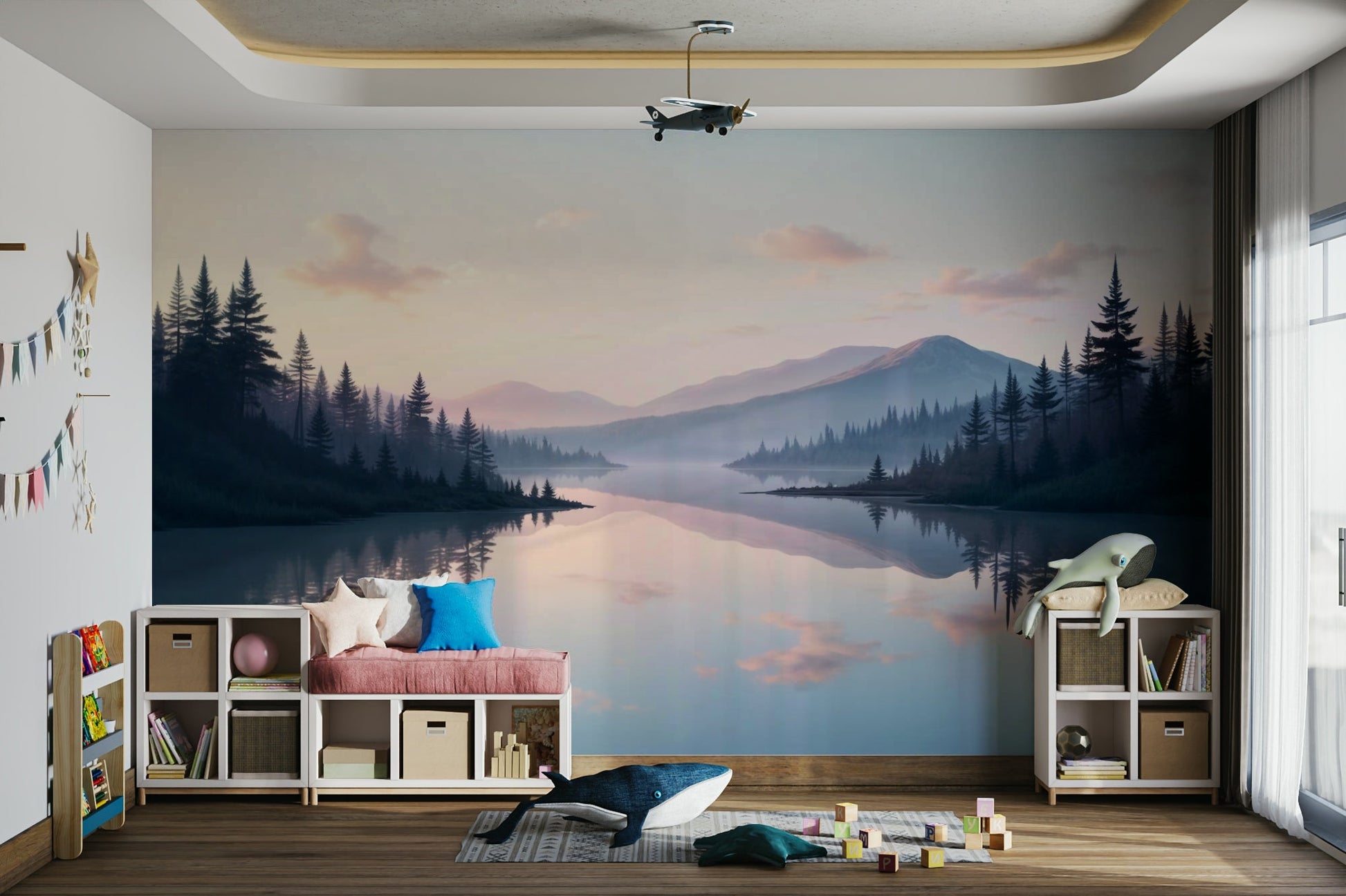 The colors are soft, muted tones of blue, pink, and gray.

