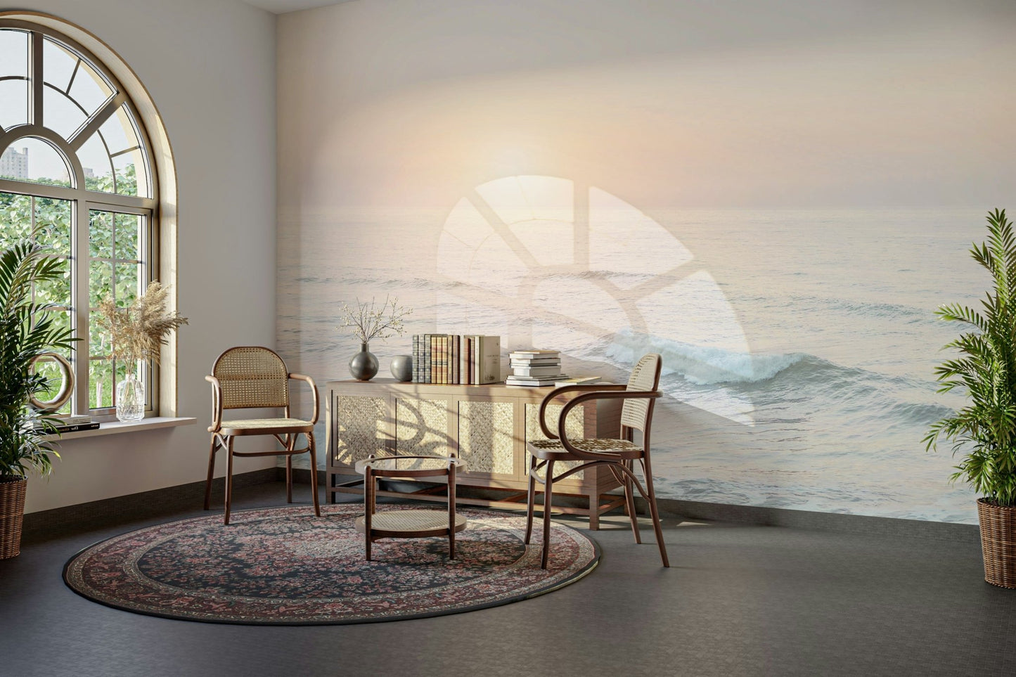 Tranquil pastel ocean dawn mural with gentle waves.

