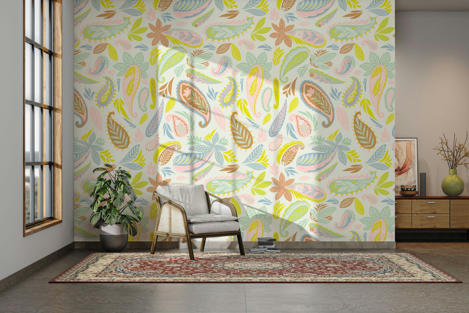 Soft pastel wallpaper with paisley details

