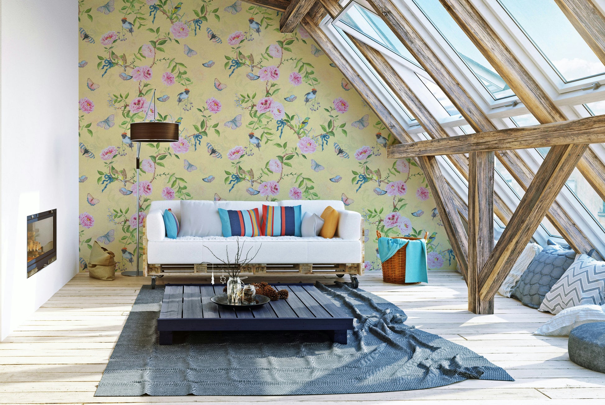 Airy floral wallpaper with whimsical vines and botanical details.


