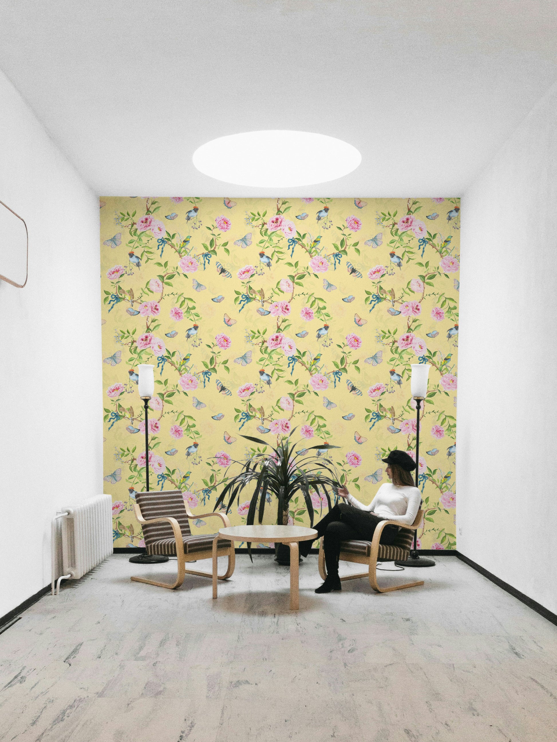 Romantic floral mural with birds, ribbons, and butterflies.

