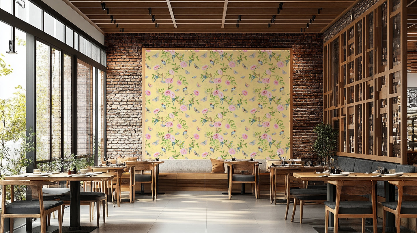 Elegant wallpaper with vines, blossoms, and caged songbirds.

