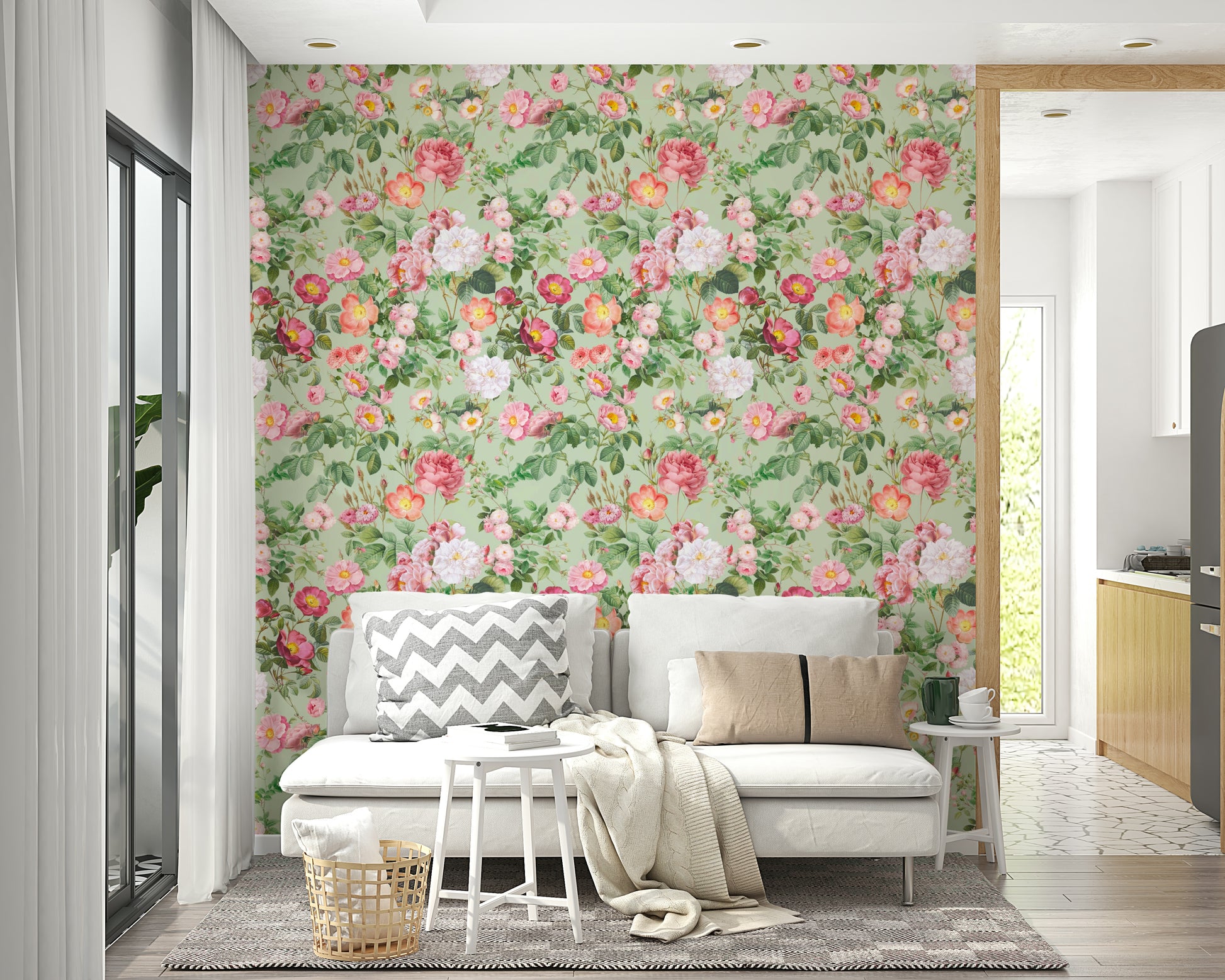 Soft, pastel-colored rose wallpaper with intricate botanical accents.

