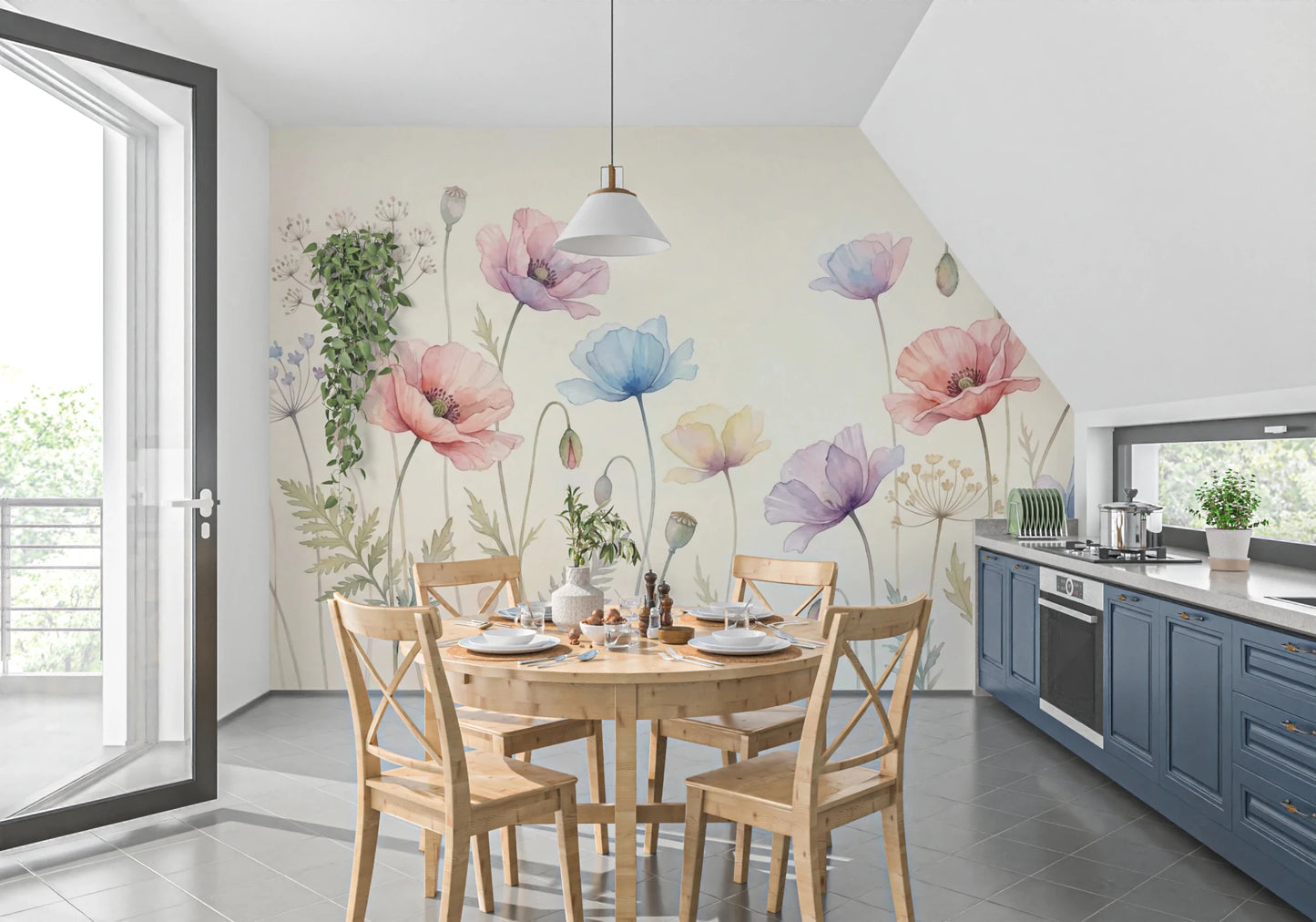 Pastel Poppy Field wallpaper mural of soft poppies above a round wood dining table with blue kitchen cabinets nearby