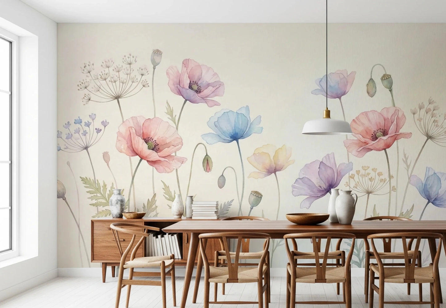 Pastel Poppy Field wallpaper mural of pastel poppies above a walnut dining table with woven wishbone chairs