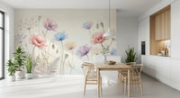 Pastel Poppy Field wallpaper mural of pastel poppies in a white kitchen-diner with light wood table and potted plants