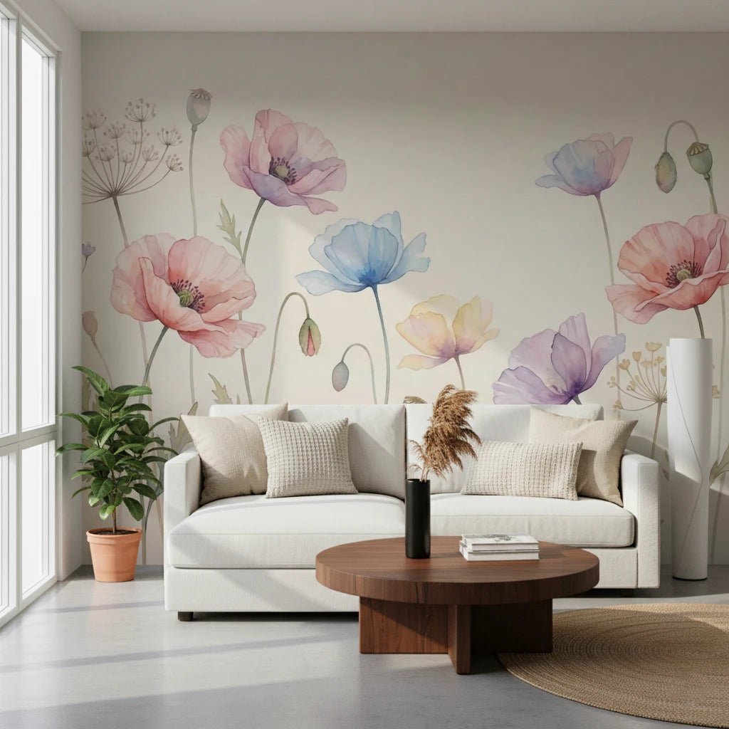 Pastel Poppy Field wallpaper mural of large watercolor poppies behind a white sofa and round walnut coffee table