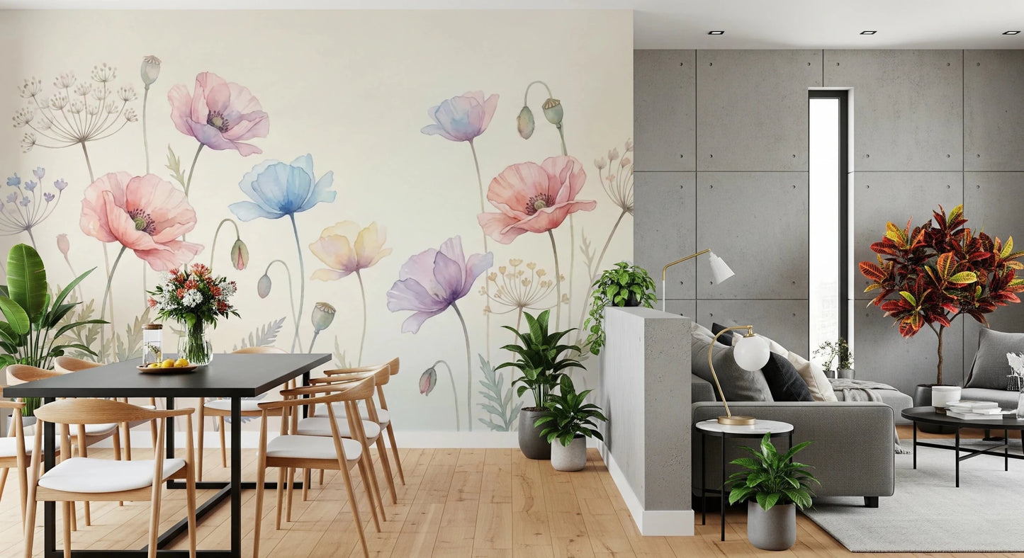 Pastel Poppy Field wallpaper mural of pink and blue poppies behind a black dining table and chairs in an open living space