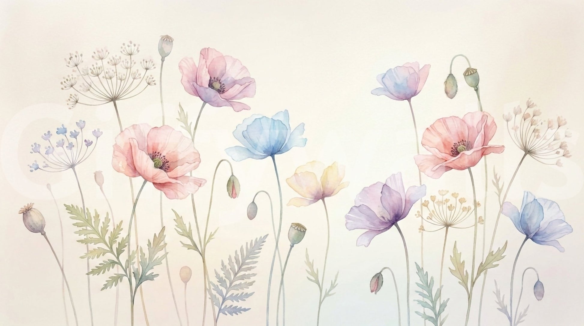 Pastel Poppy Field wallpaper mural close-up showing watercolor poppies in pink, blue and purple with delicate seed heads