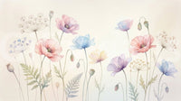 Pastel Poppy Field wallpaper mural close-up showing watercolor poppies in pink, blue and purple with delicate seed heads