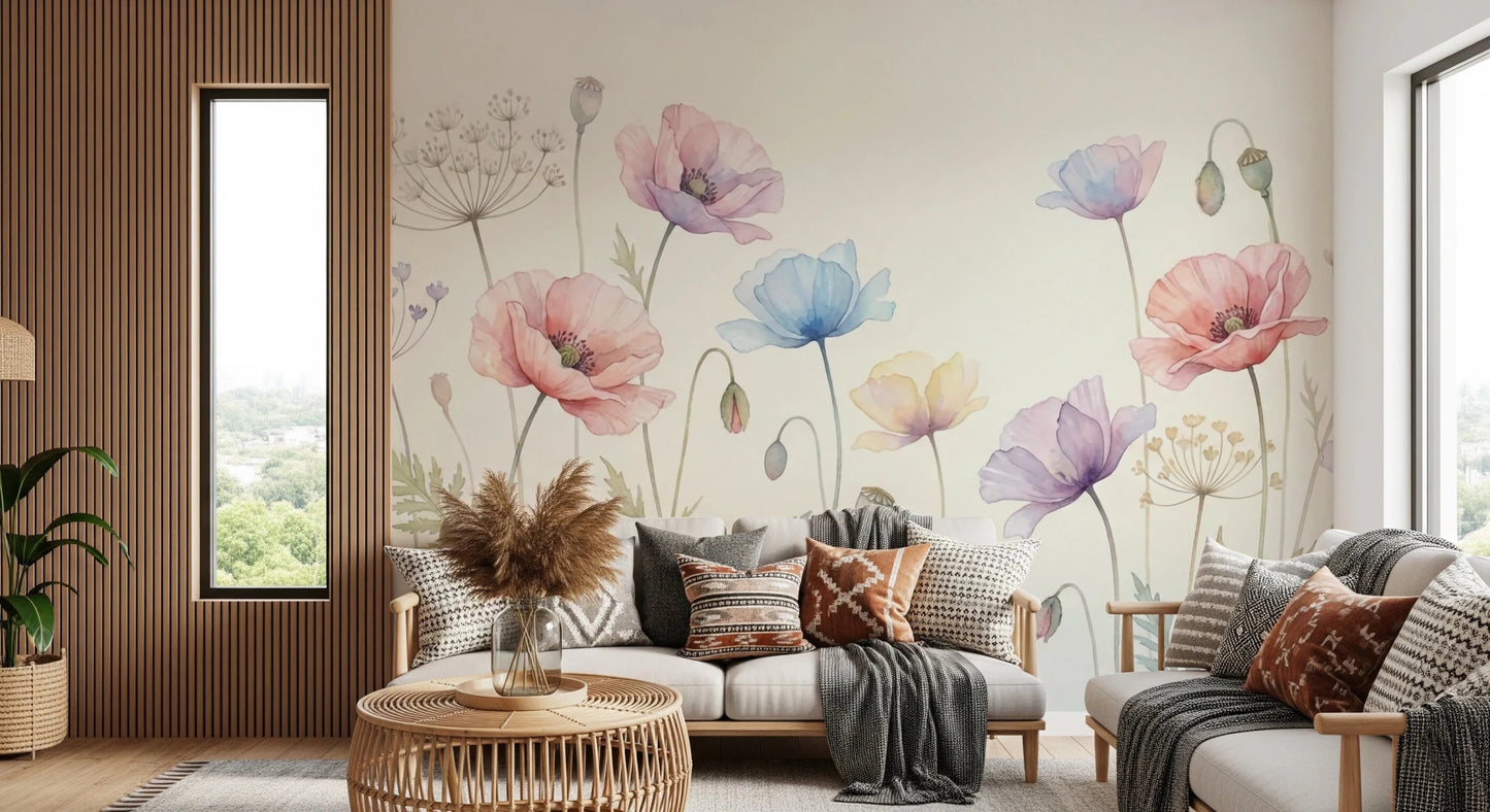 Pastel Poppy Field wallpaper mural of soft poppies behind a white sofa with patterned pillows by a wood-slat wall