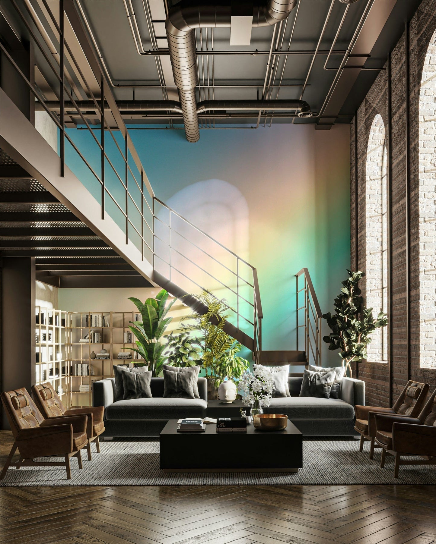 A graceful subtle color wall mural in bright, joyful tones.

