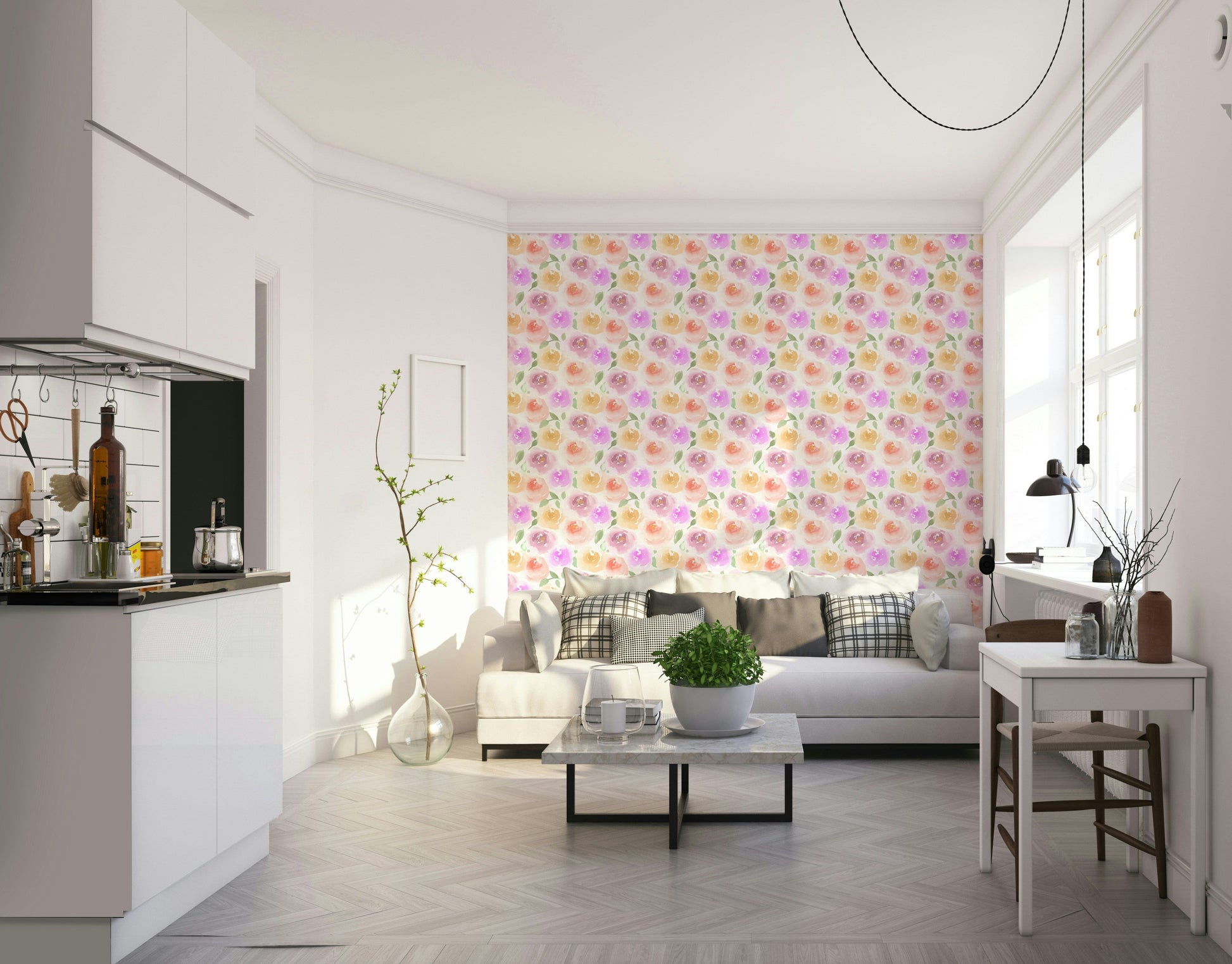 A beautiful wide-angle wall mural of a rose garden.

