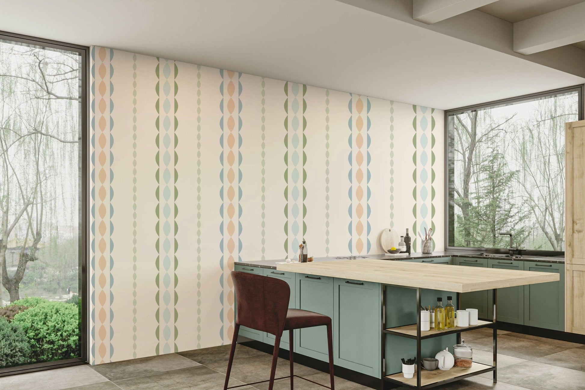 A peaceful wall mural with a modern, geometric design.

