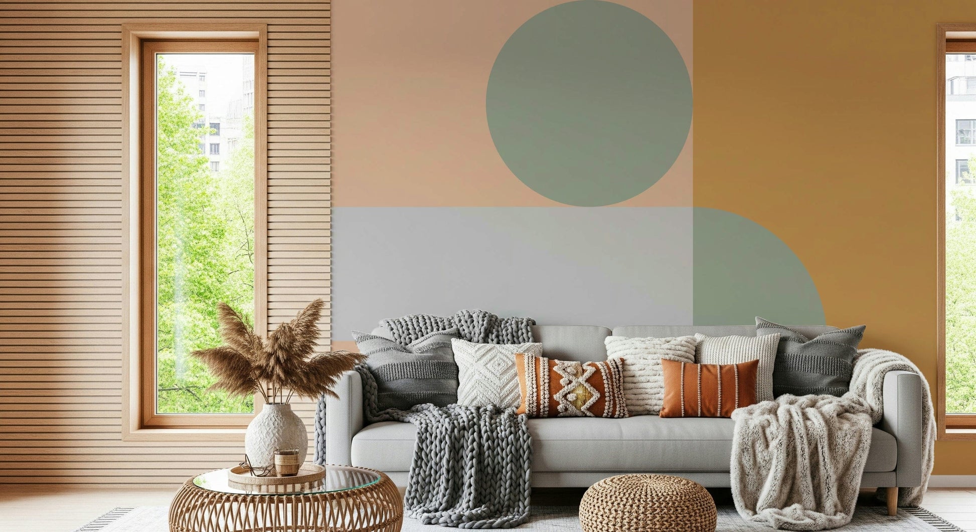 Abstract art print, light orange, dusty green, and white block pattern wall mural.