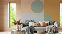 Abstract art print, light orange, dusty green, and white block pattern wall mural.