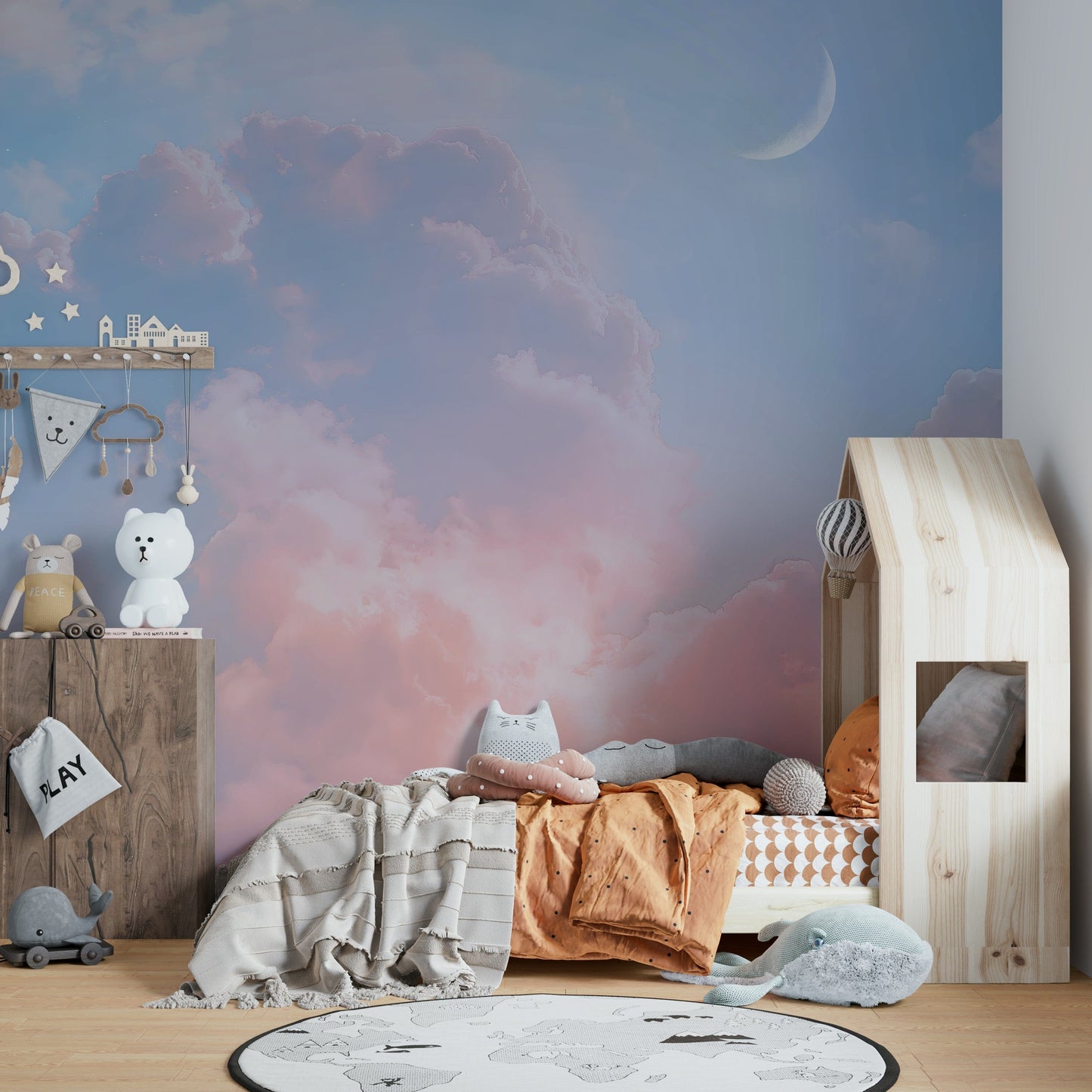 Wall mural with whimsical shapes and colors

