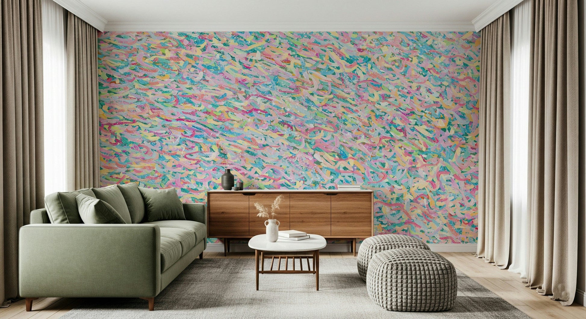 A contemplative gentle swirl wallpaper mural for a feature wall.