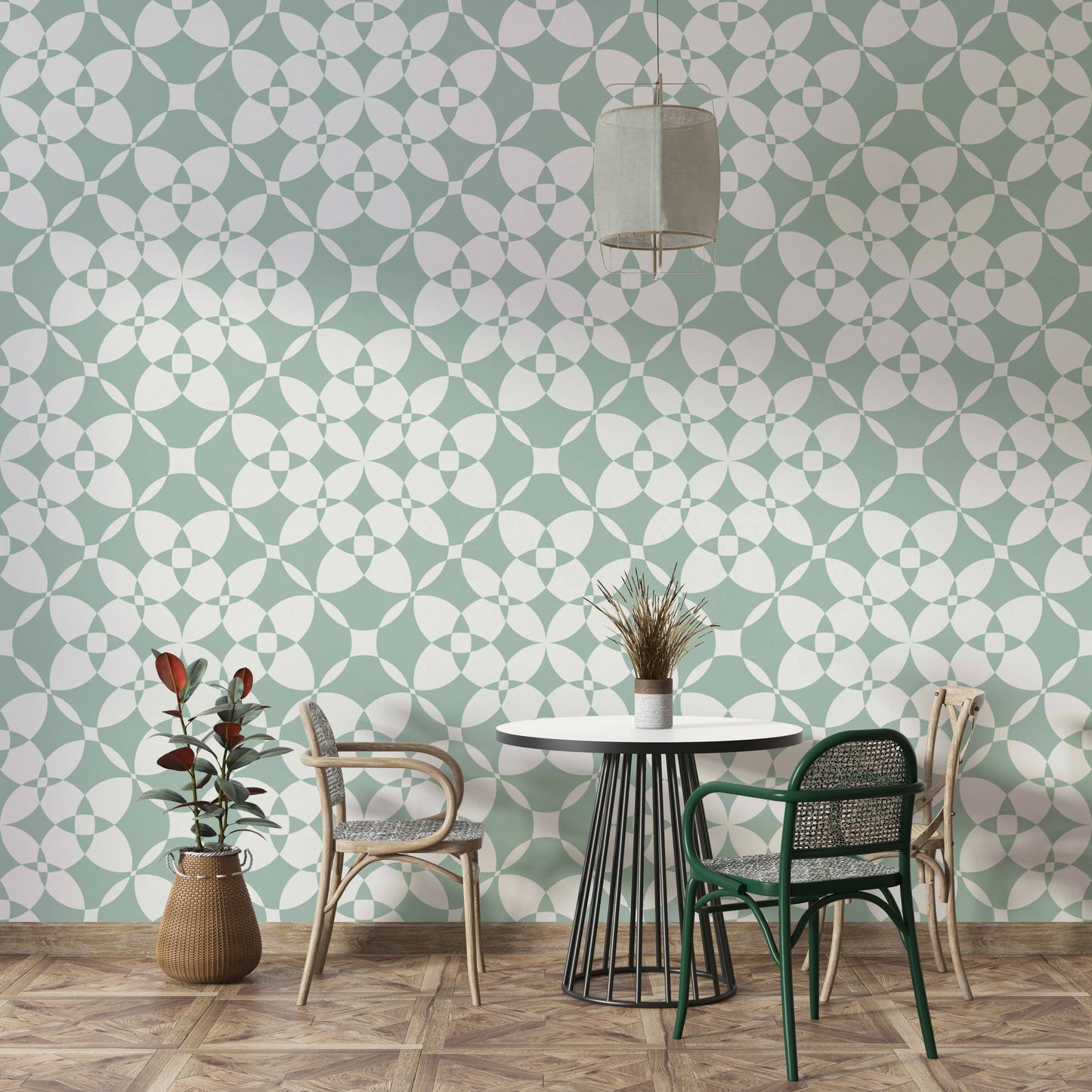 A full-wall mural showing a tiled pattern.
