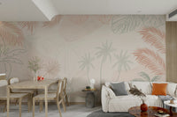 A peaceful wall mural with a soft tropical scene.

