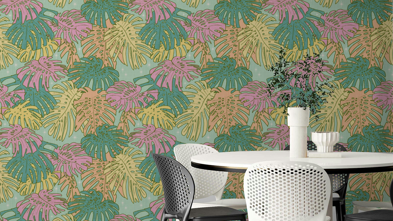 Pastel Tropical Monstera Palm Springs Retro Aqua Wallpaper with Monstera leaves.

