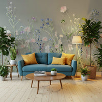 A peaceful wallpaper featuring wild blooms and greenery painted in a soft, textured watercolor style.