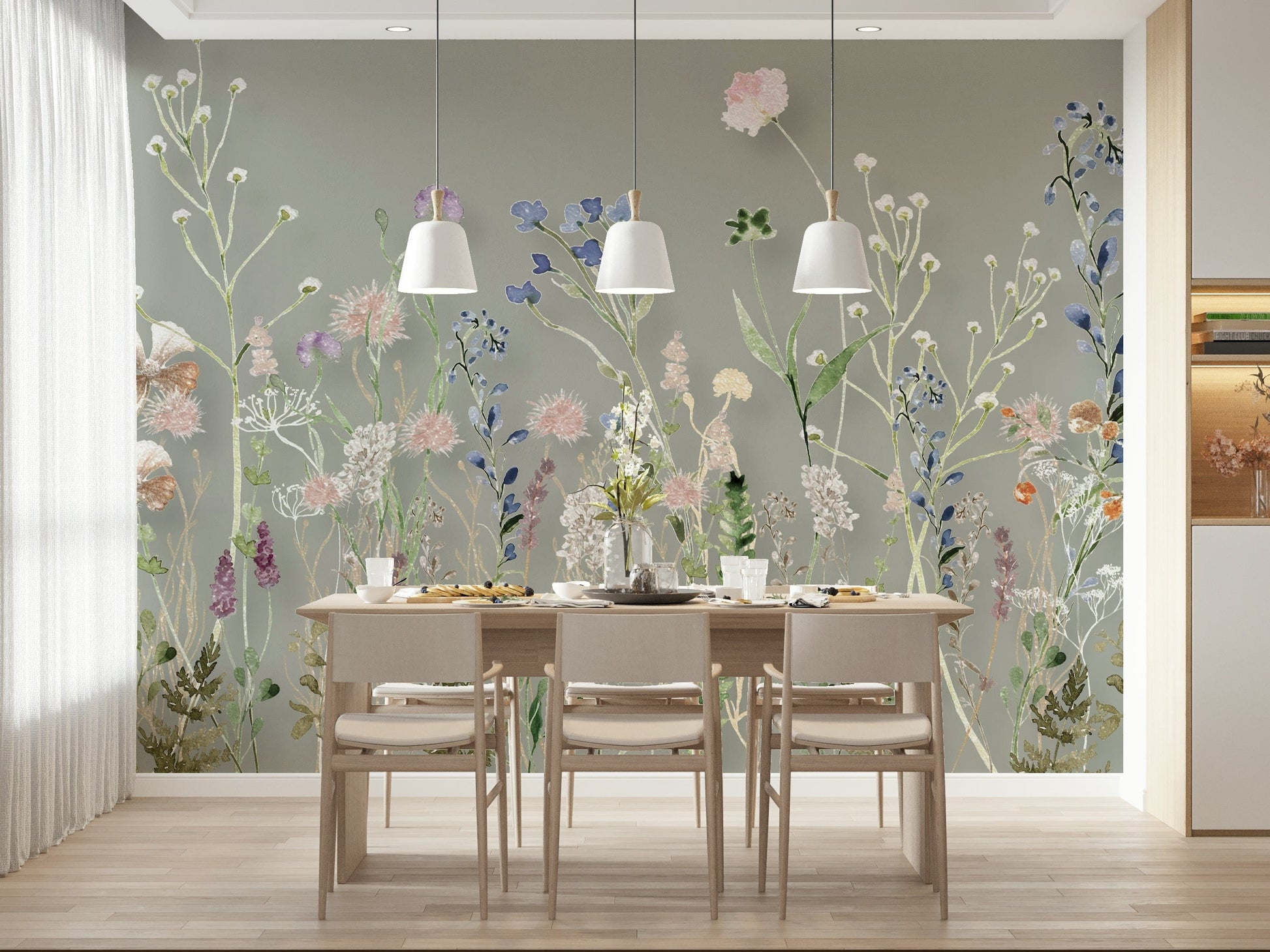 A botanical wallpaper with layered wildflower stems creating a dreamy, artistic aesthetic.