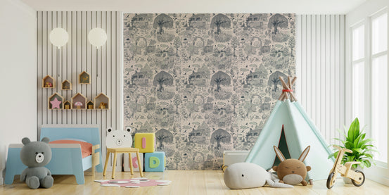 Home Sweet Home wallpaper with navy toile cottage scenes in a kids room with a blue bed and teepee tent