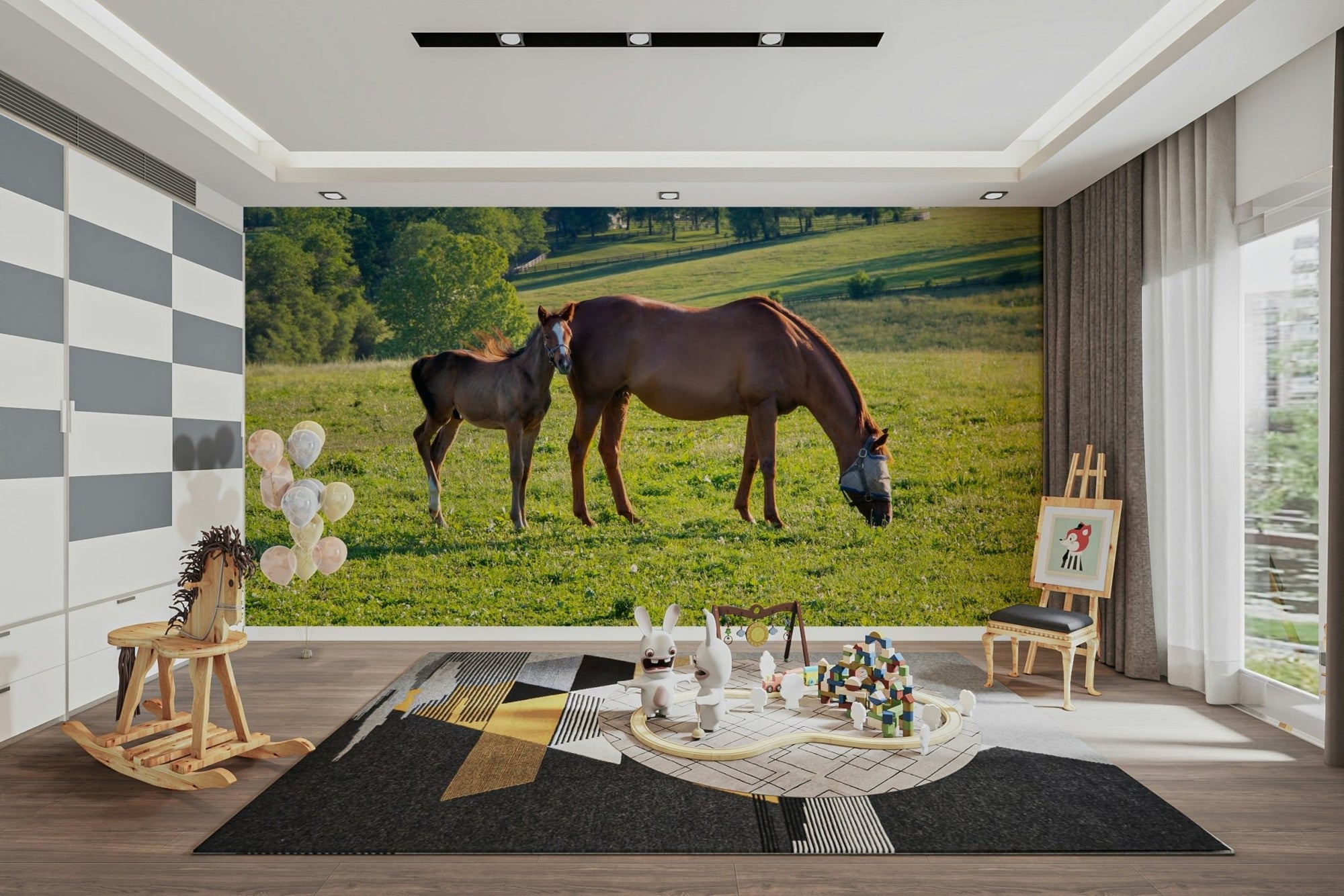 Pastoral Equine Duo wallpaper mural with a brown mare and foal grazing in a green pasture in a nursery