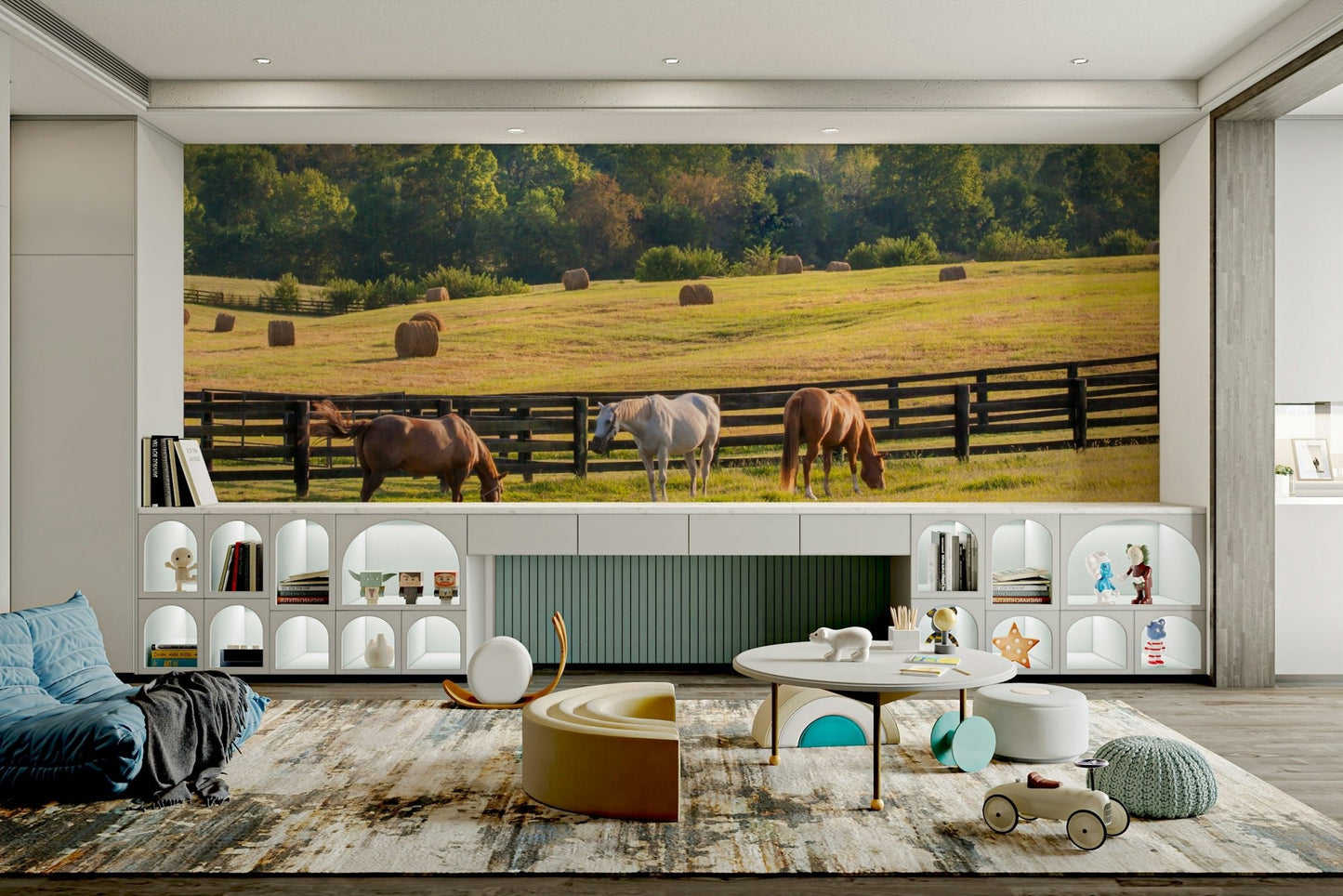 Grazing horses in sunlit farm field
